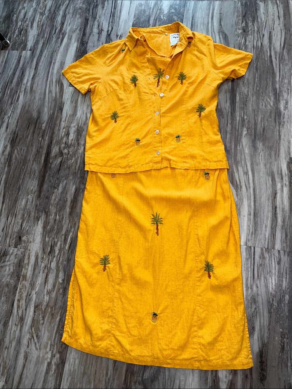 Country Wear Dress & jacket Yellow Linen Embroidered Palm Tree Pineapple L Maxi